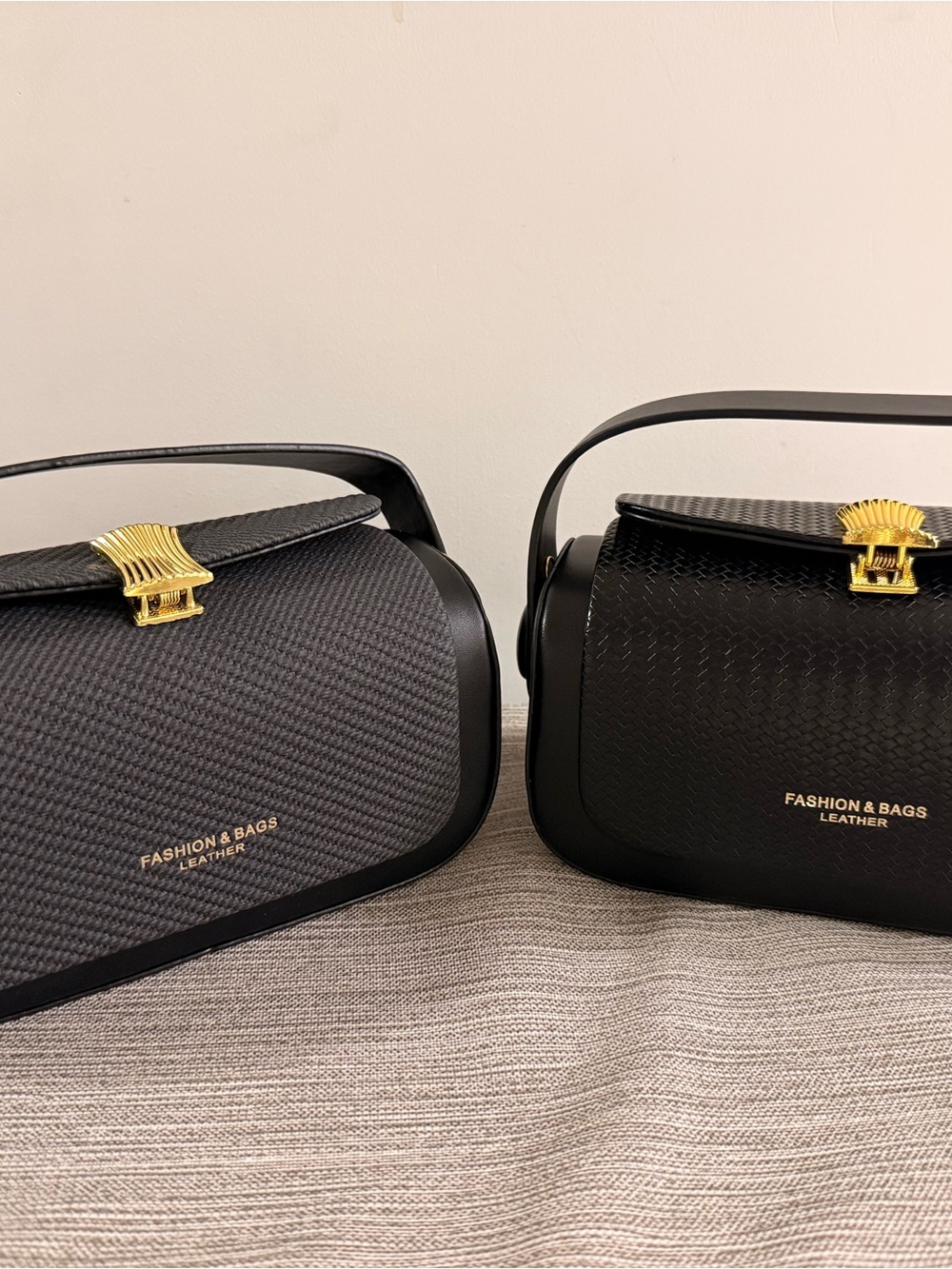 Black Leather Crossbody Handbag with Gold Hardware